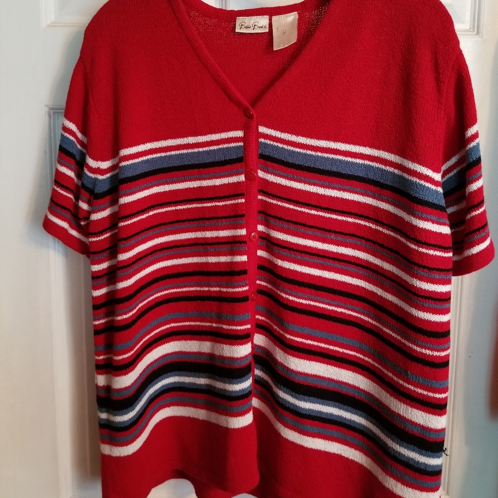 Bobbie Brooks nautical style short sleeve button up womens sweater